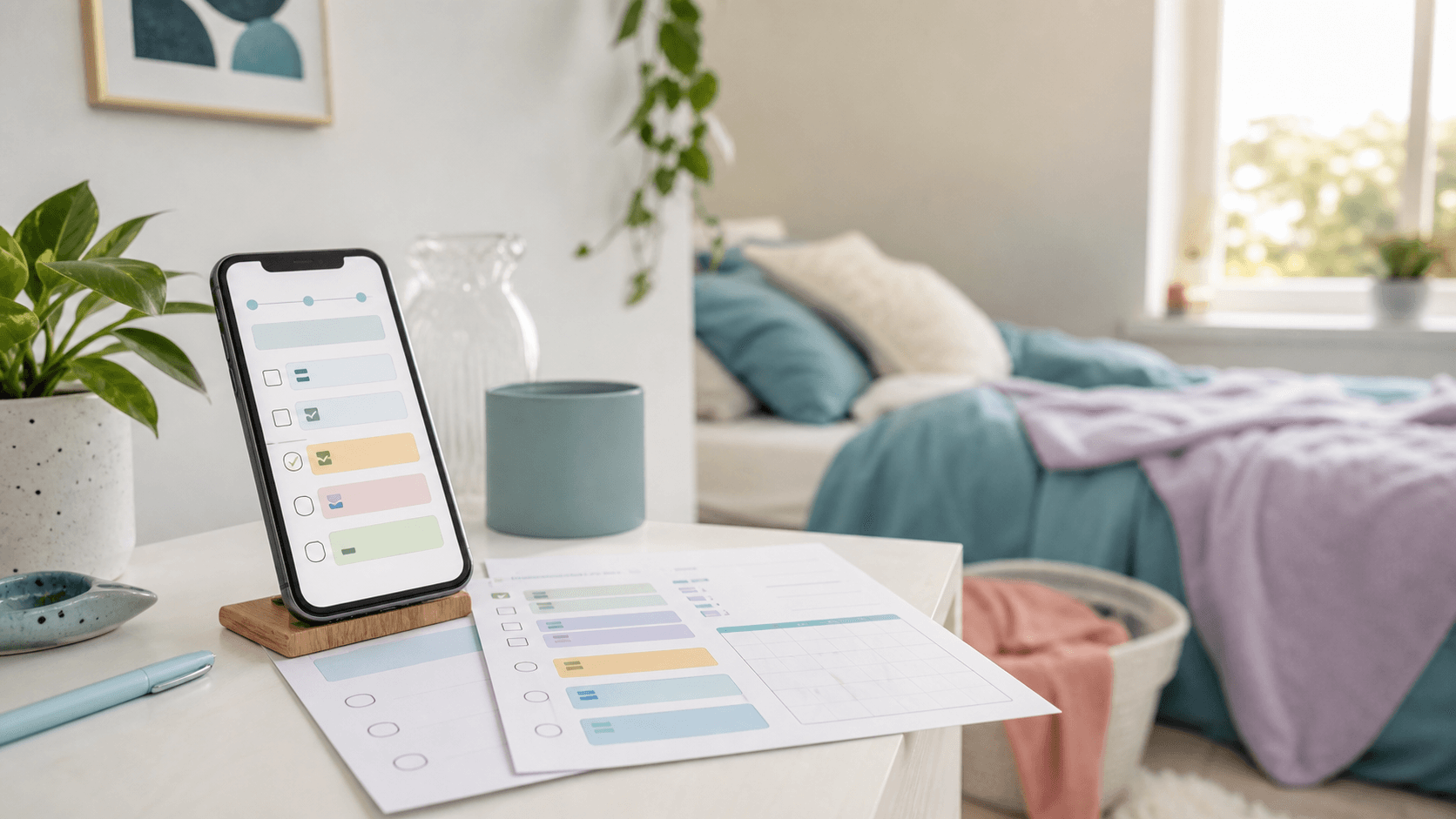 Phone and printable ResetNook cleaning checklist beside a calm bedroom reset.