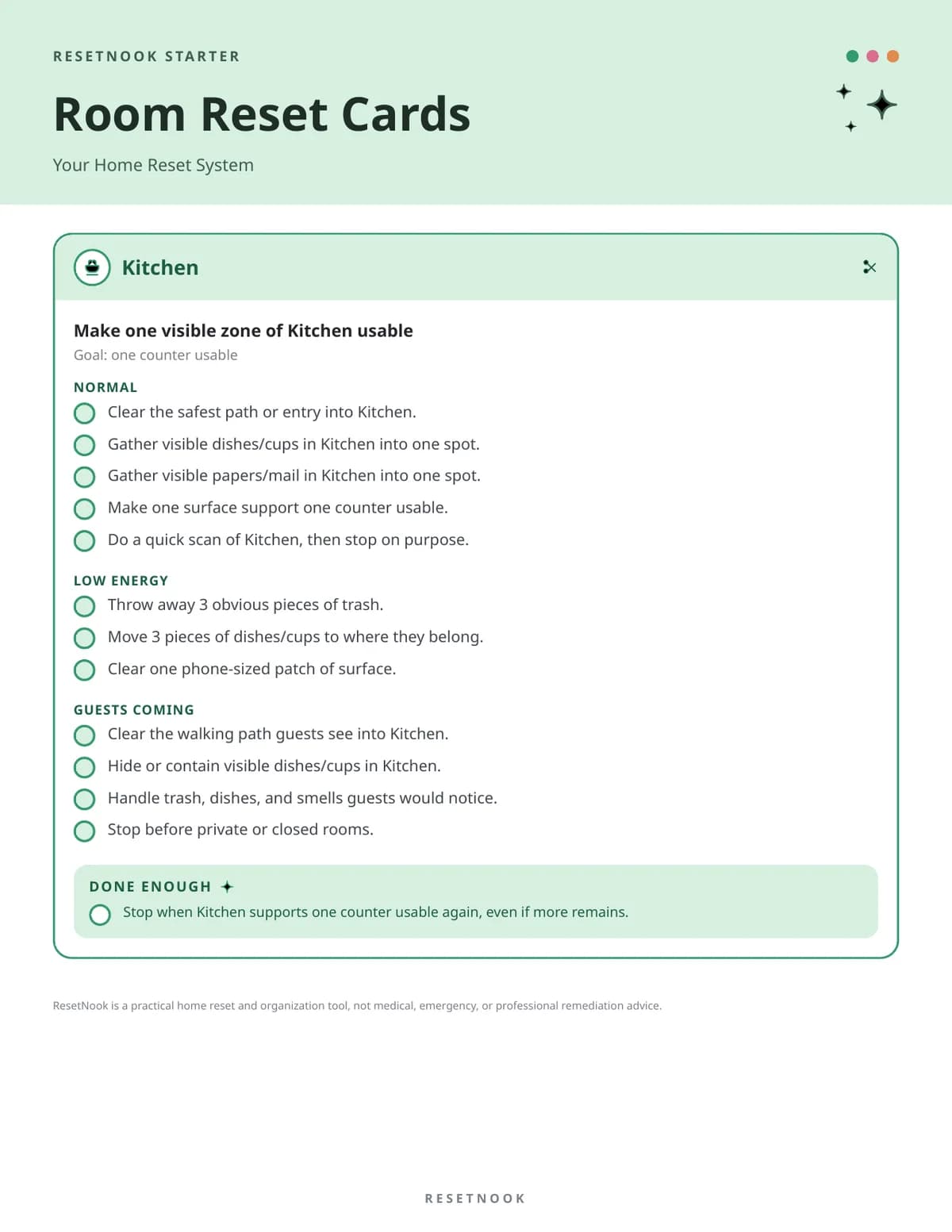 Blank kitchen reset card template with empty check circles