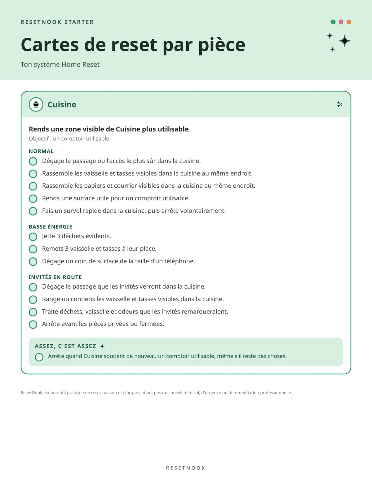 Modèle vierge de carte de reset cuisine avec des cases à cocher vides