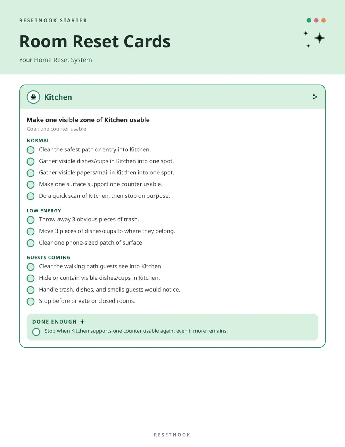 Kitchen reset card with check circles and a Done-enough box